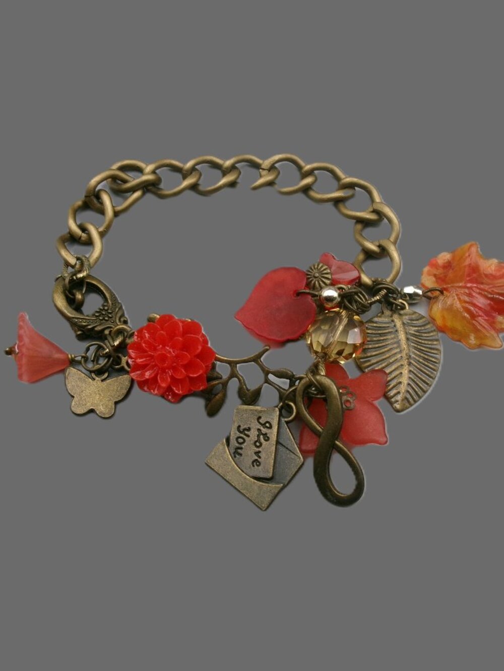 Antiqued Bronze Fall Romance Charm Bracelet, Resin Floral & Heart Themed Charms